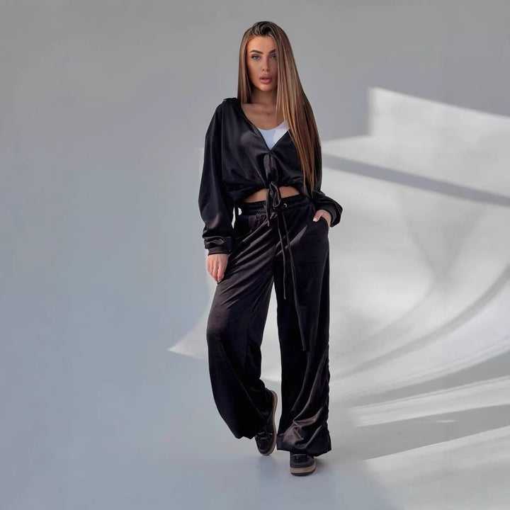 Damen Komfortables Lounge-Set mit lässigem Crop-Hoodie und weitem Hosen Drune