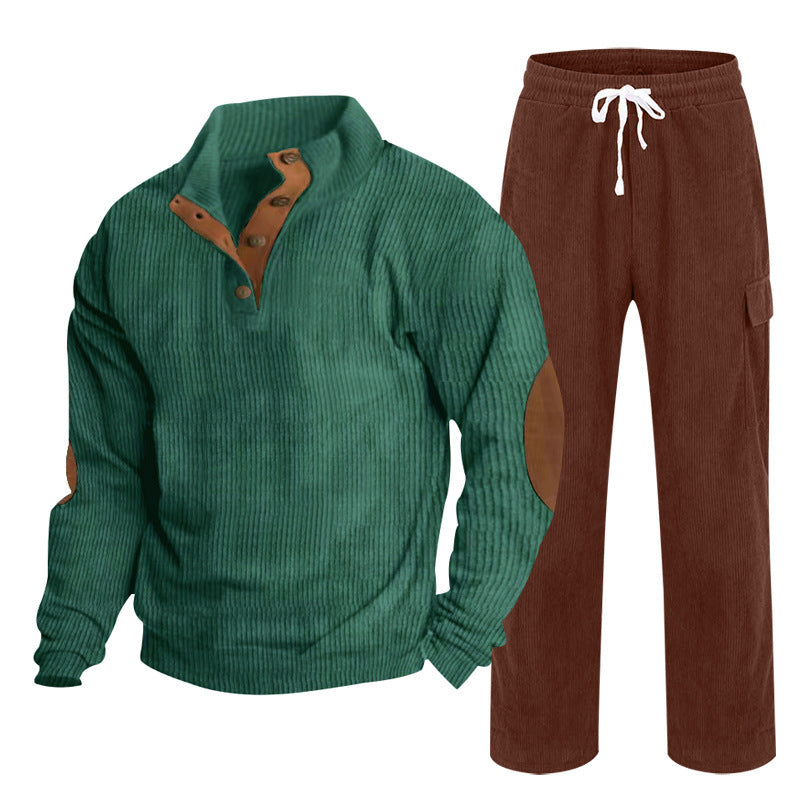 Herren nan Strick-Freizeitset mit Knopfleiste und Ellenbogenaufnähern sowie Cord-Cargohose Drune