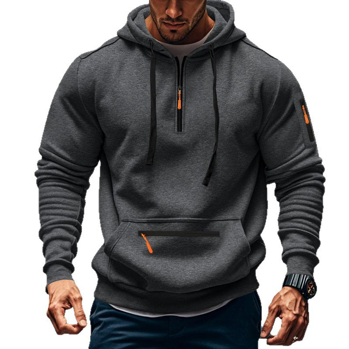 Herren nan technischer Halbzip-Outdoor-Hoodie mit verdeckter Kängurutasche, Reißverschluss-Ärmeltasche und integriertem Kabelkanal Drune