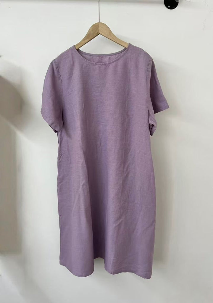 Damen Lässig Kurzarm Leinenkleid Drune