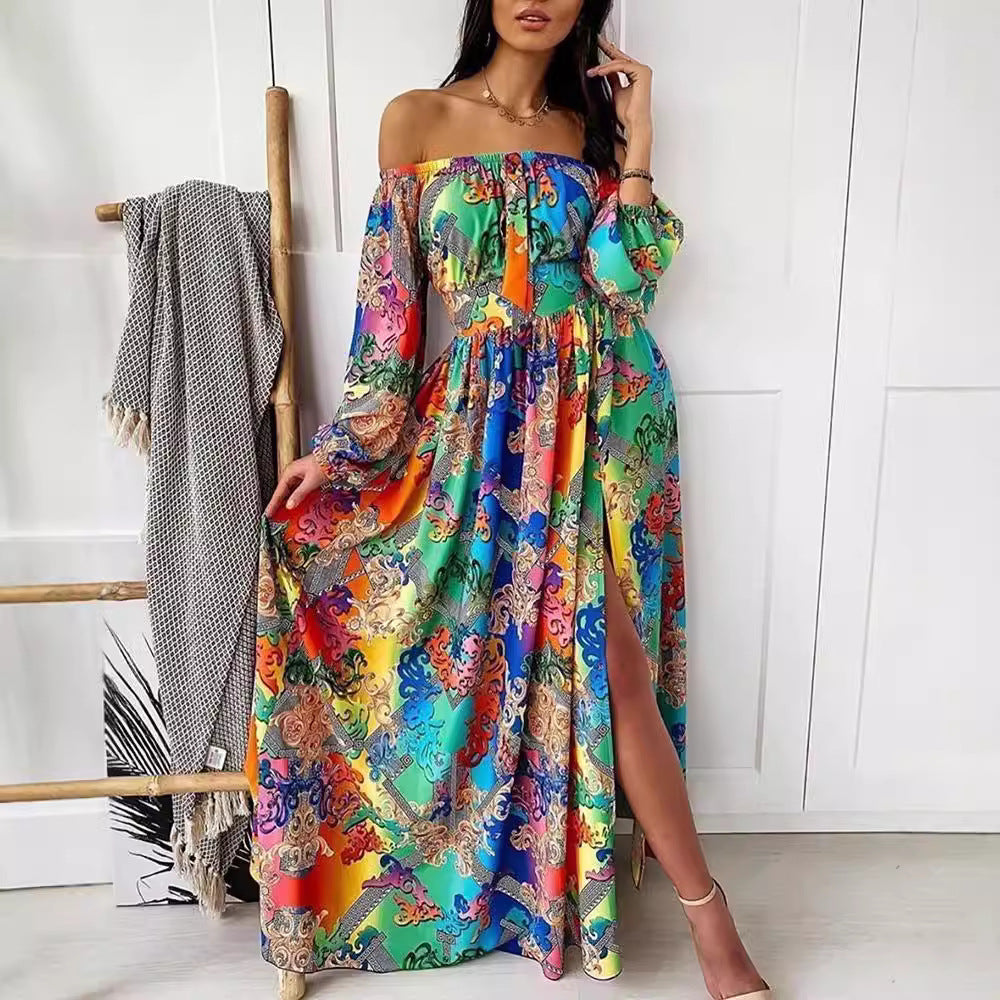 Damen Elegantes Off-Shoulder Maxikleid mit raffinierten Plisseedetails und hohem Schlitz Drune
