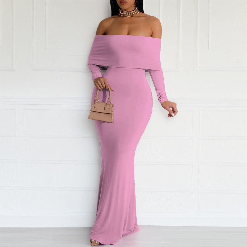 Damen Bodycon Maxikleid mit schulterfreiem Design und langem Ärmel Drune