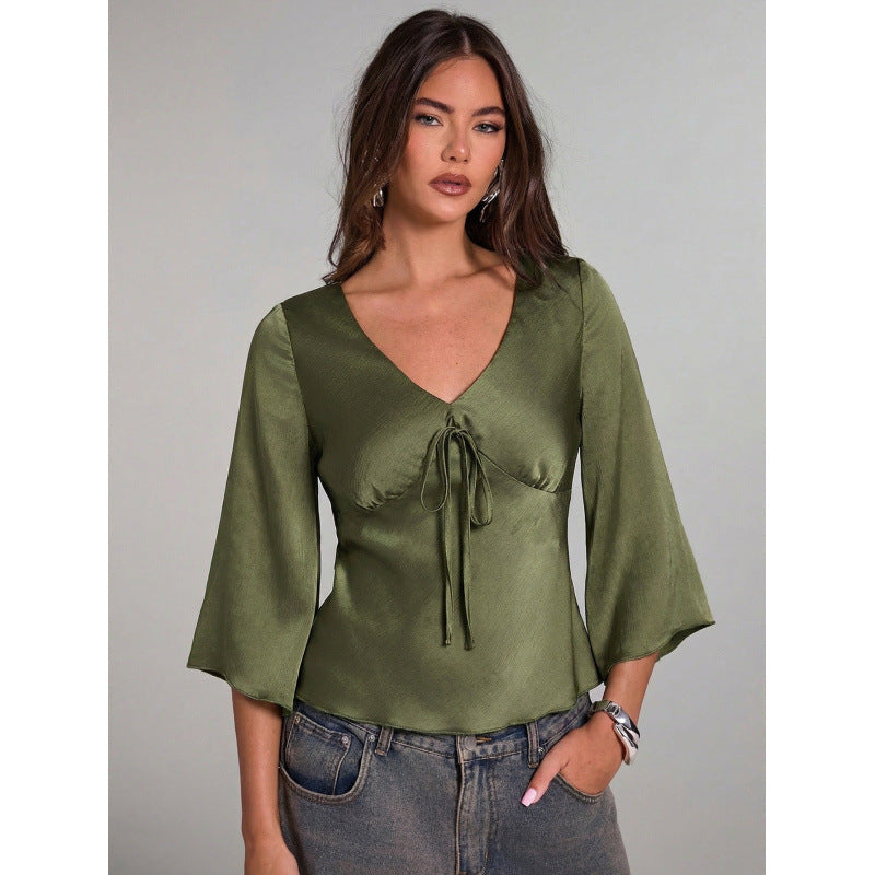 Damen Elegantes Oberteil mit Krawatte und weitem Ärmel Drune