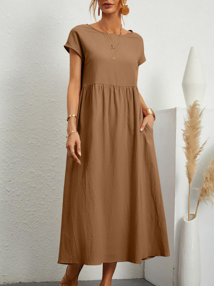 Damen Midi-Kleid mit Ballonärmeln und praktischen Taschen Drune