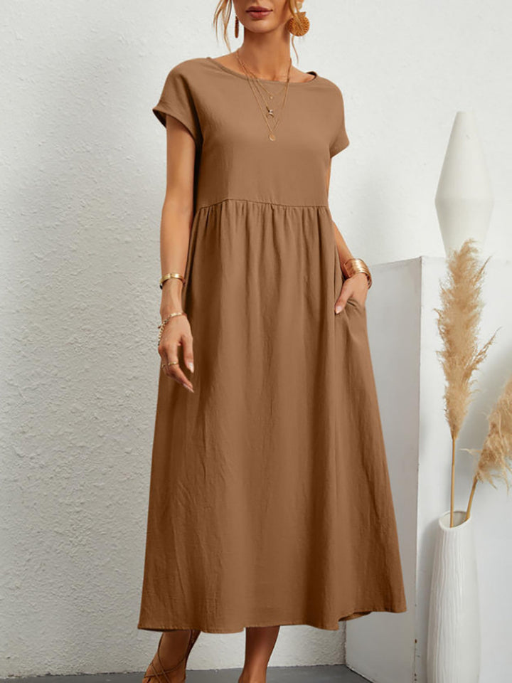 Damen Midi-Kleid mit Ballonärmeln und praktischen Taschen Drune