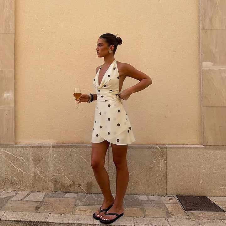 Damen verspieltes Polka-Dot Minikleid mit reinem Chiffon und raffiniertem Wickeldesign Drune