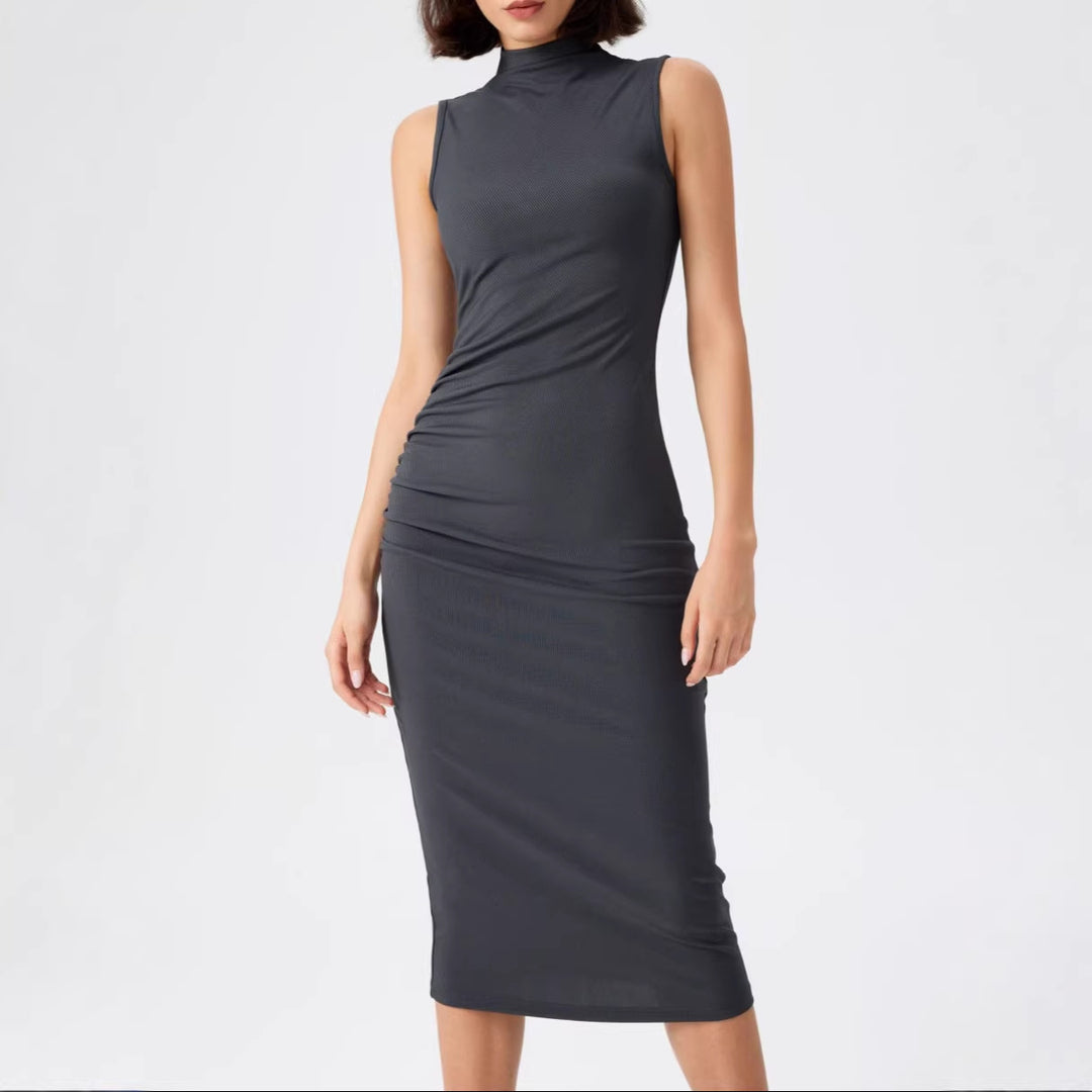 Damen elegantes Midi-Kleid mit figurbetontem Schnitt und hohem Kragen Drune