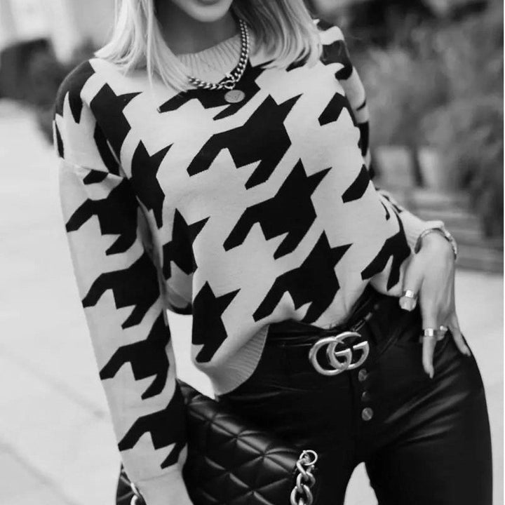 Damen lockerer Strickpullover mit modernem Hahnentrittmuster und Rundhalsausschnitt Drune