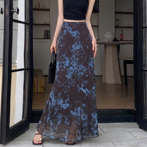 Damen nan A-Linien Maxirock mit semi-transparenter Chiffonlage und abstraktem Batik-Print Drune
