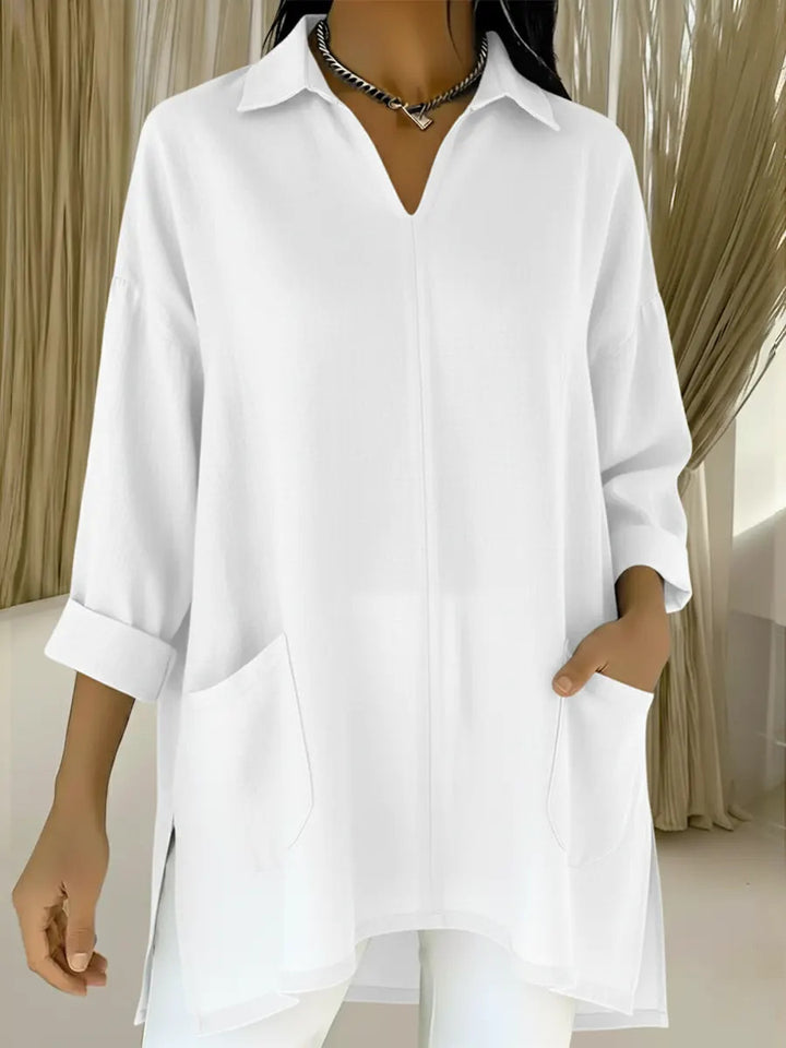 Damen Langarmbluse mit elegantem V-Ausschnitt und praktischen Taschen Drune