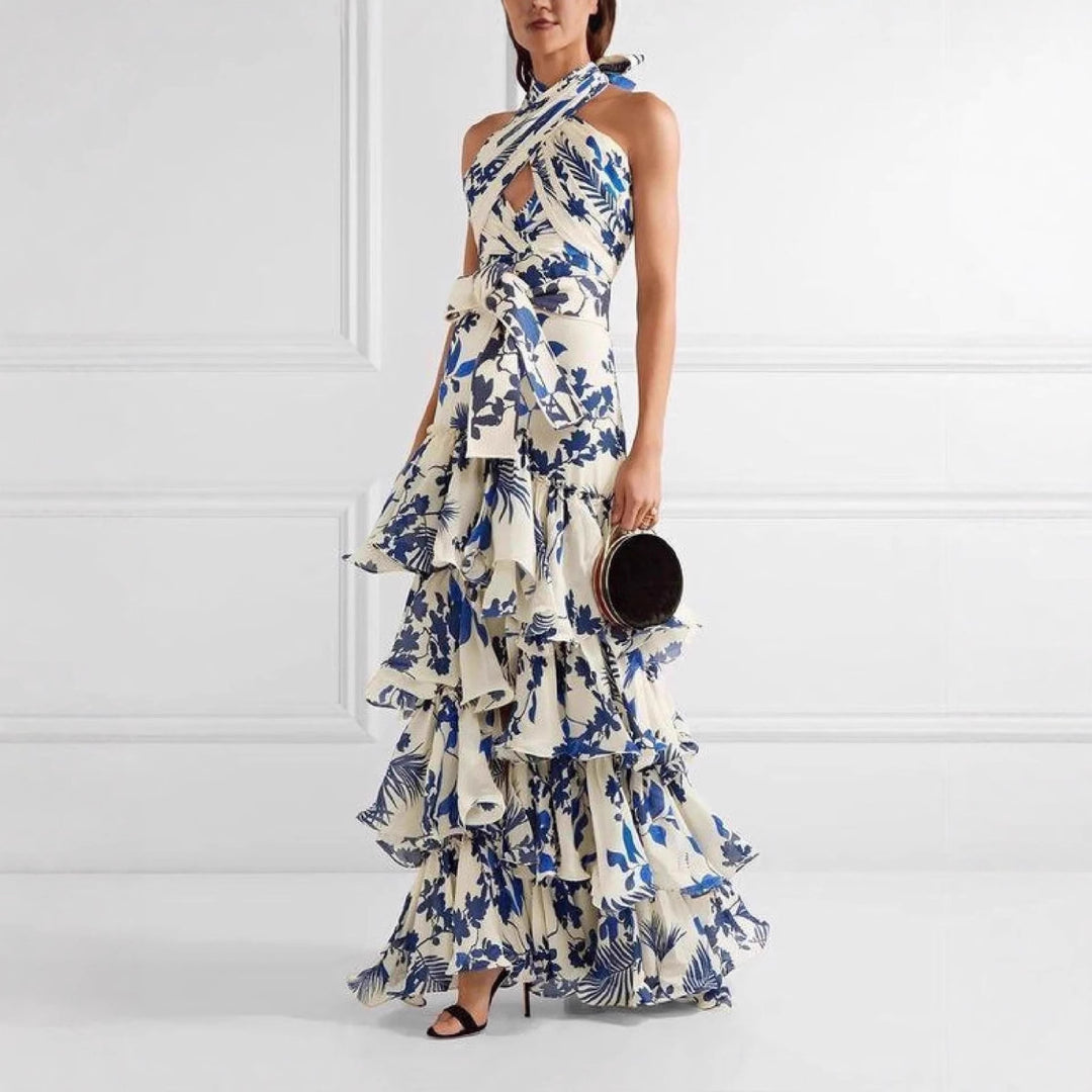 Damen Maxikleid mit verspielten Rüschen und floralen Akzenten Drune