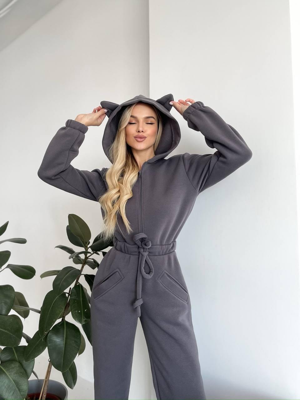 Damen Kuscheliger Jumpsuit mit Känguru-Taschen und Tierohren Drune
