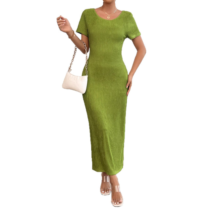 Damen Rippstrick Maxikleid mit figurbetonendem Schnitt und kurzem Ärmel Drune
