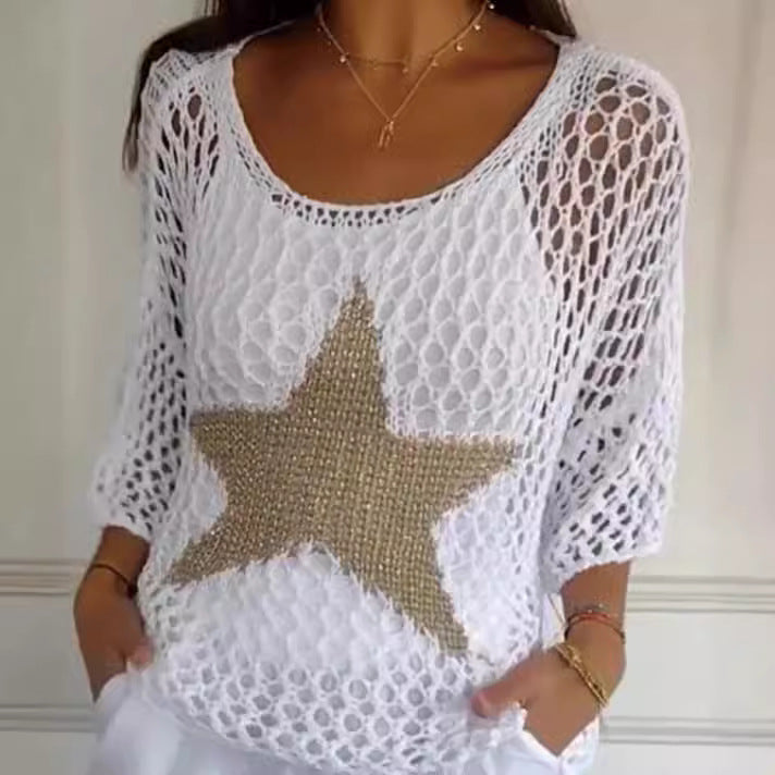 Damen nan oversized gehäkelter Pullover mit Sternapplikation und 3/4-Ärmeln Drune