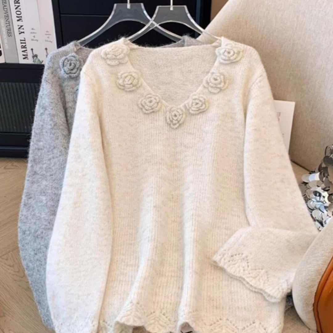 Damen Strickpullover mit floralen Akzenten Drune