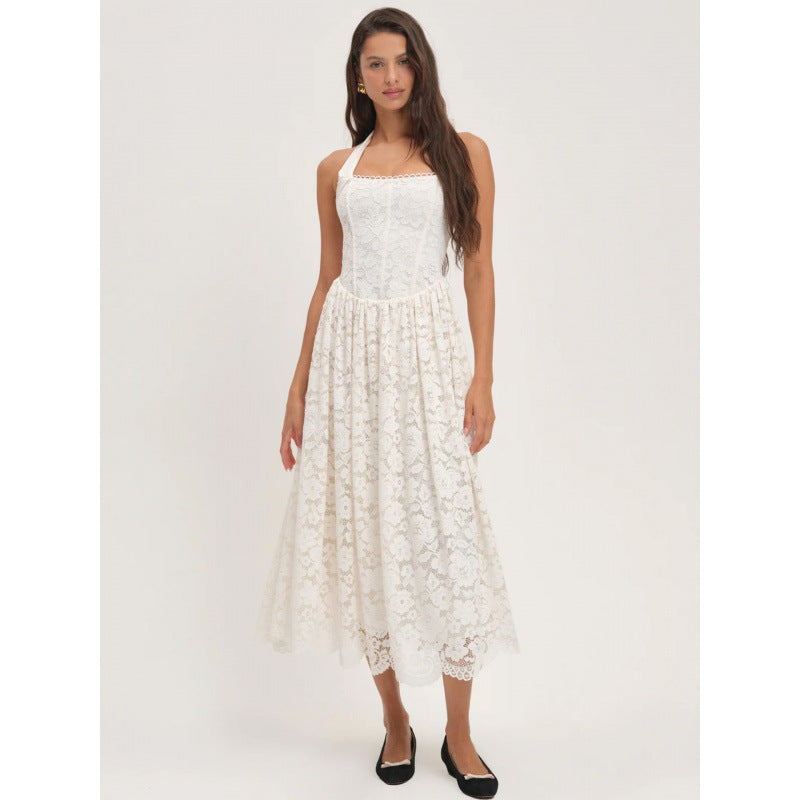 Damen luftiges Sommerkleid mit romantischem Spitzenoberteil und elastischem Taillenbund Drune