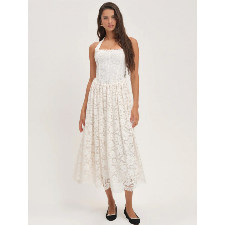 Damen luftiges Sommerkleid mit romantischem Spitzenoberteil und elastischem Taillenbund Drune