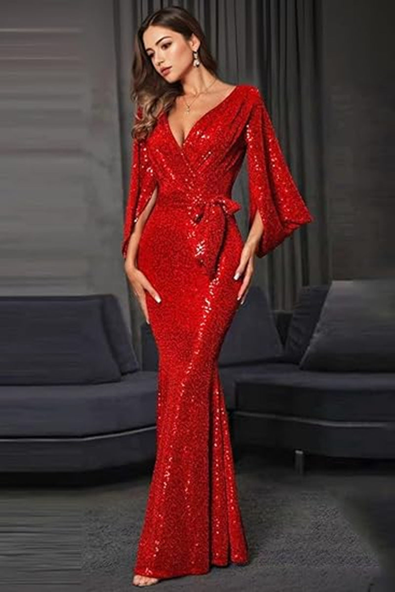 Damen Glamouröses Pailletten-Abendkleid mit tiefem V-Ausschnitt und fließendem Rock Drune