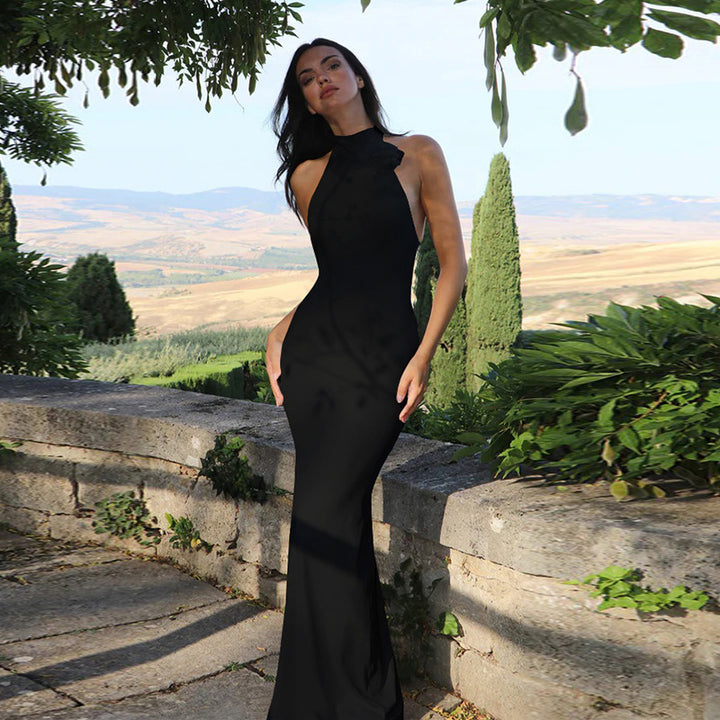 Damen Elegantes Maxi-Kleid mit raffiniertem Halter und floralem Akzent Drune