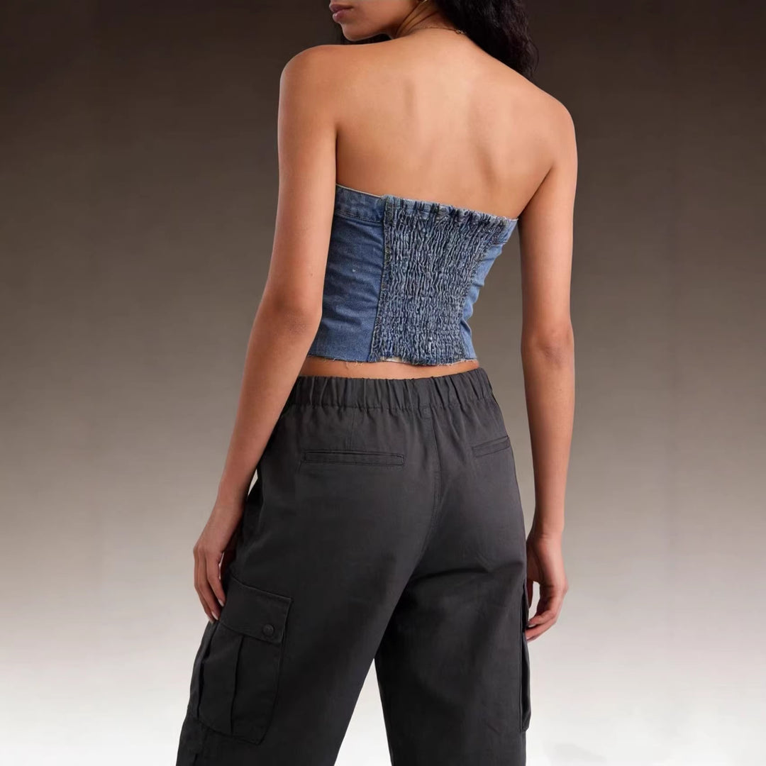 Damen Denim Bustier-Top mit Knopfdetail und Fransen Drune