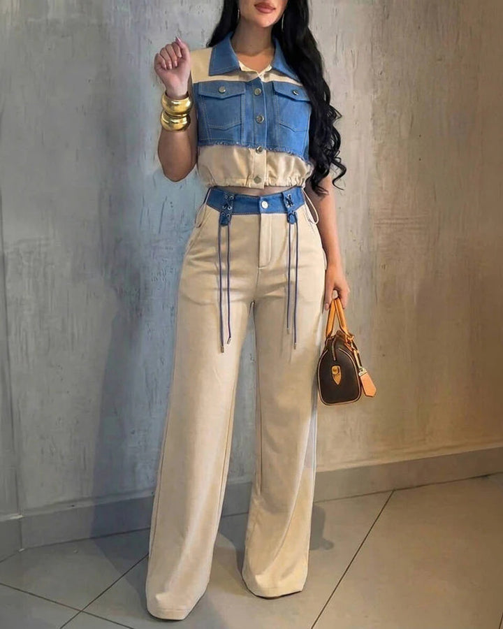 Damen Modischer Overall mit Denim-Design und Stylish-Bund Drune
