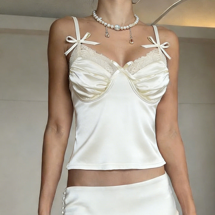 Damen Satin-Camisole mit Spitze und verspielten Schleifen Drune
