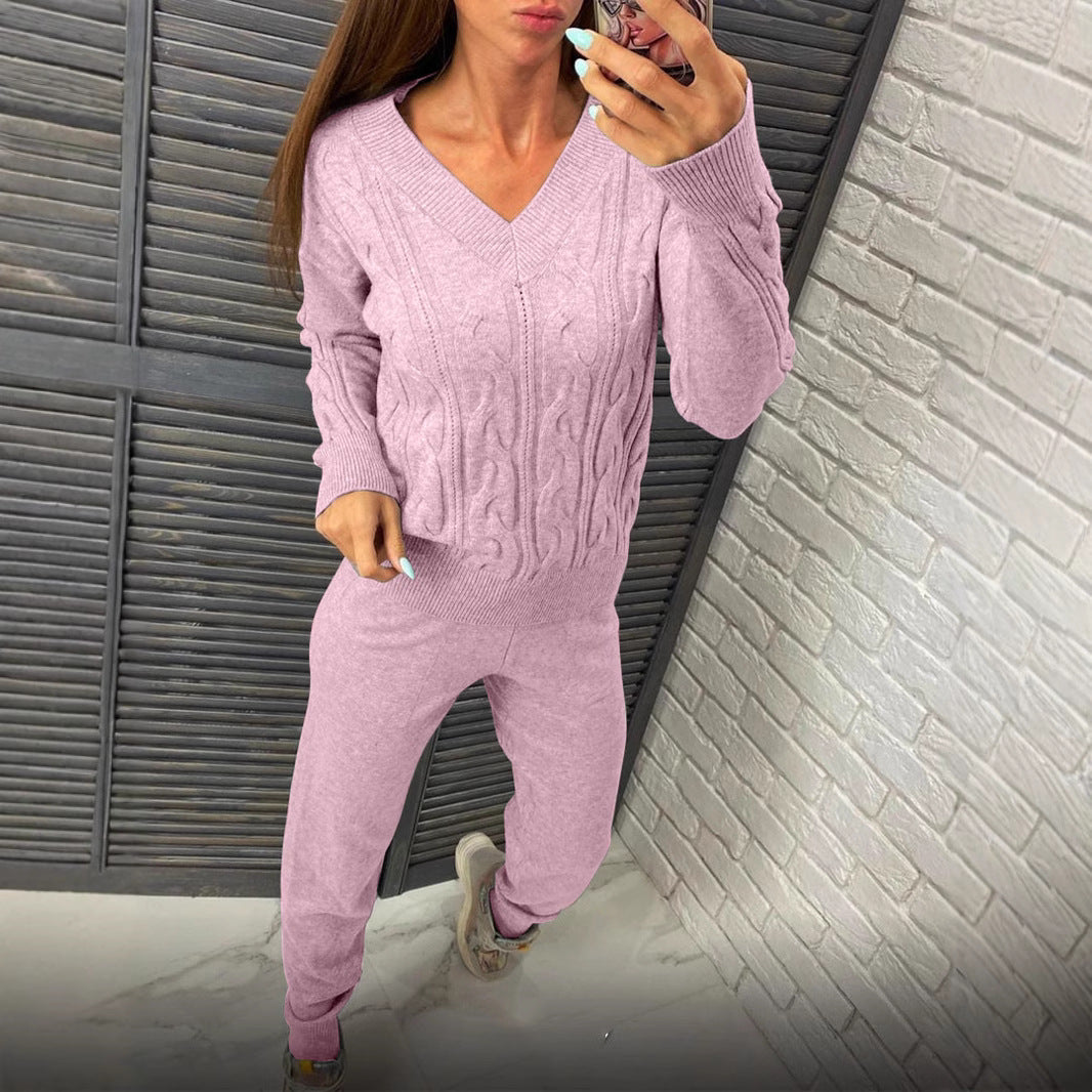 Damen Strickpullover und Jogginghose Set mit Zopfmuster Drune