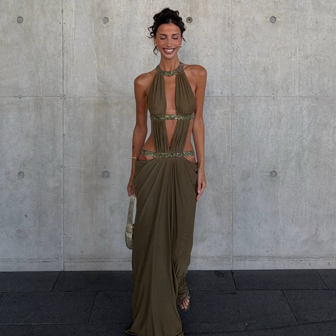 Damen Maxikleid mit tiefem V-Ausschnitt und elegantem Rückendetail Drune
