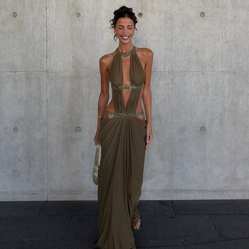 Damen Maxikleid mit tiefem V-Ausschnitt und elegantem Rückendetail Drune
