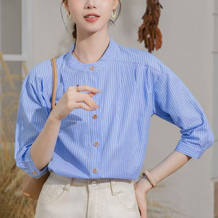 Damen Elegante gestreifte Bluse mit traditionellem Stehkragen Drune