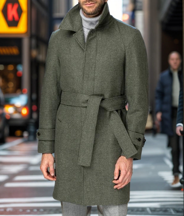 Herren modischer Wolltrenchcoat mit Bindegürtel und großen Taschen Drune