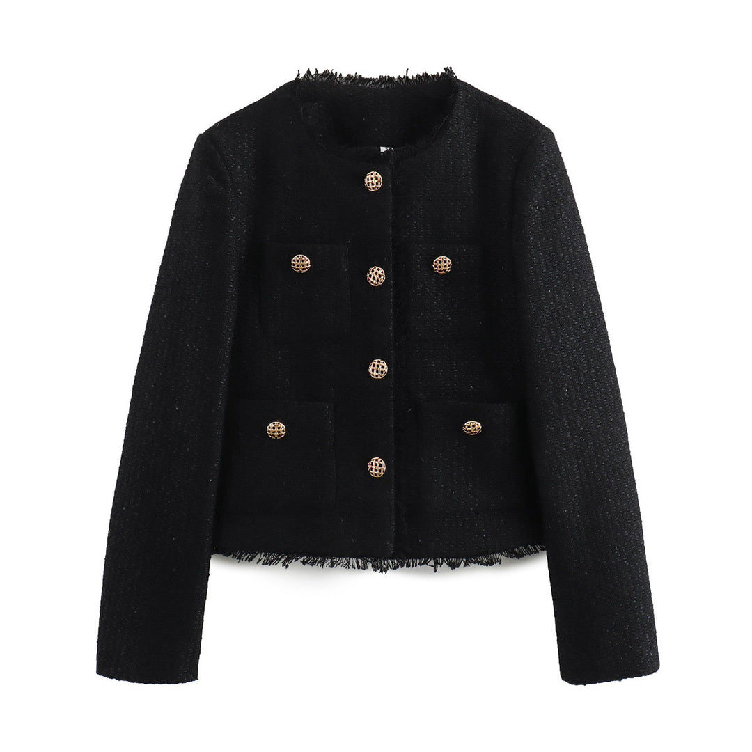 Damen elegante Tweedjacke mit Fransen und praktischen Taschen Drune