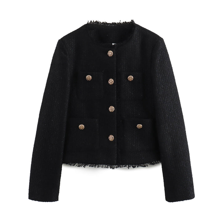 Damen elegante Tweedjacke mit Fransen und praktischen Taschen Drune