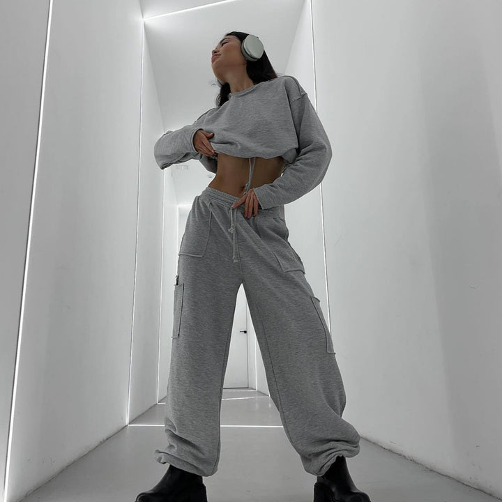 Damen lässiger und modischer cropped Sweatshirt mit Tunnelzug Drune
