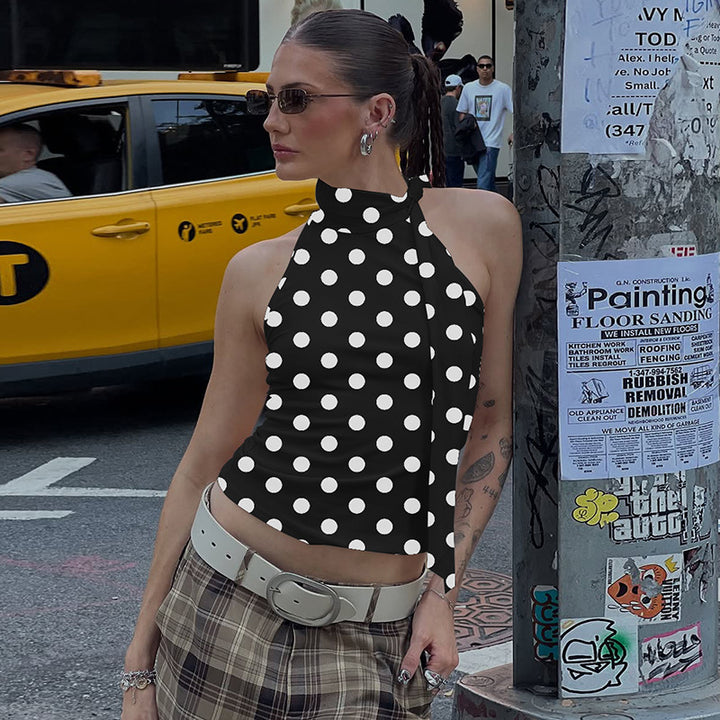 Damen asymmetrisches Polka-Dot-Top mit hohen Schnittlinien und elegantem Halterdesign Drune