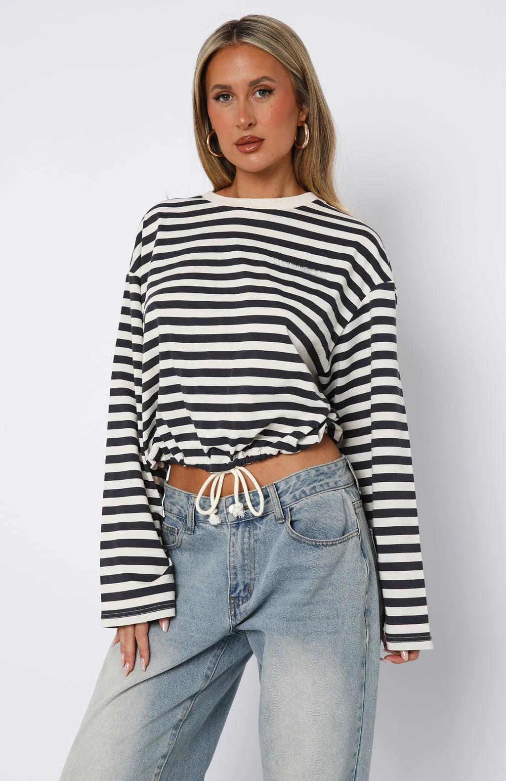 Damen lässiges gestreiftes Crop-Top mit Kordelzug Drune