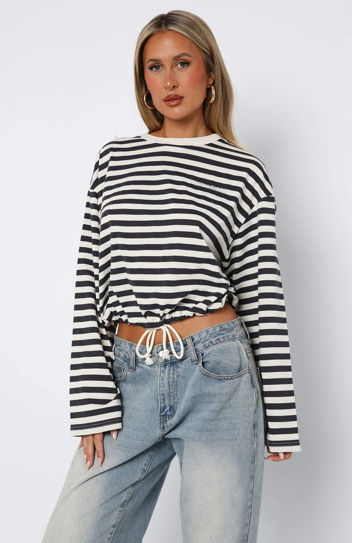 Damen lässiges gestreiftes Crop-Top mit Kordelzug Drune
