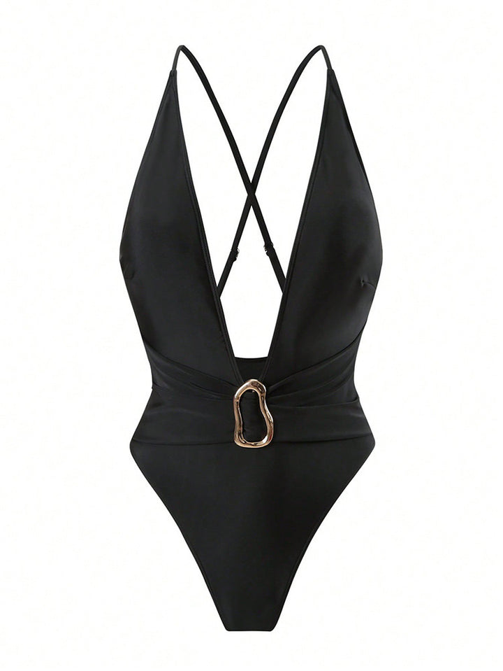 Damen Einteiler Badeanzug mit tiefem V-Ausschnitt und elegantem Schmuckdetail Drune