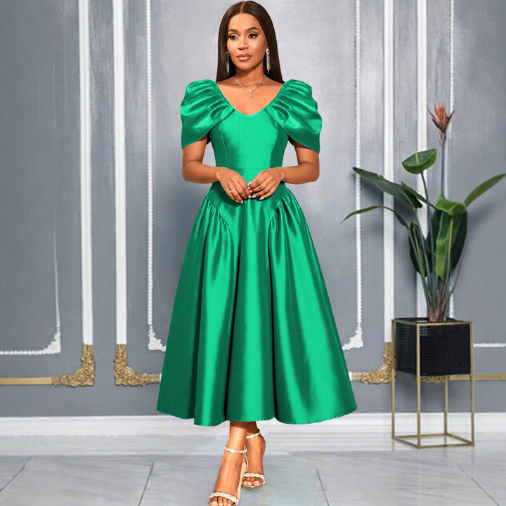 Damen Elegantes Satin Abendkleid mit voluminösen Puffärmeln Drune