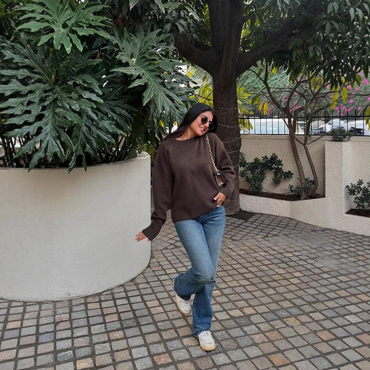 Damen Bequemer Oversized Crewneck Pullover Drune