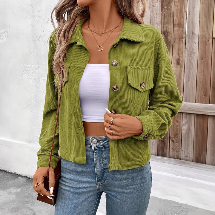 Damen lässige Cordjacke mit praktischen Taschen und modischen Knöpfen Drune