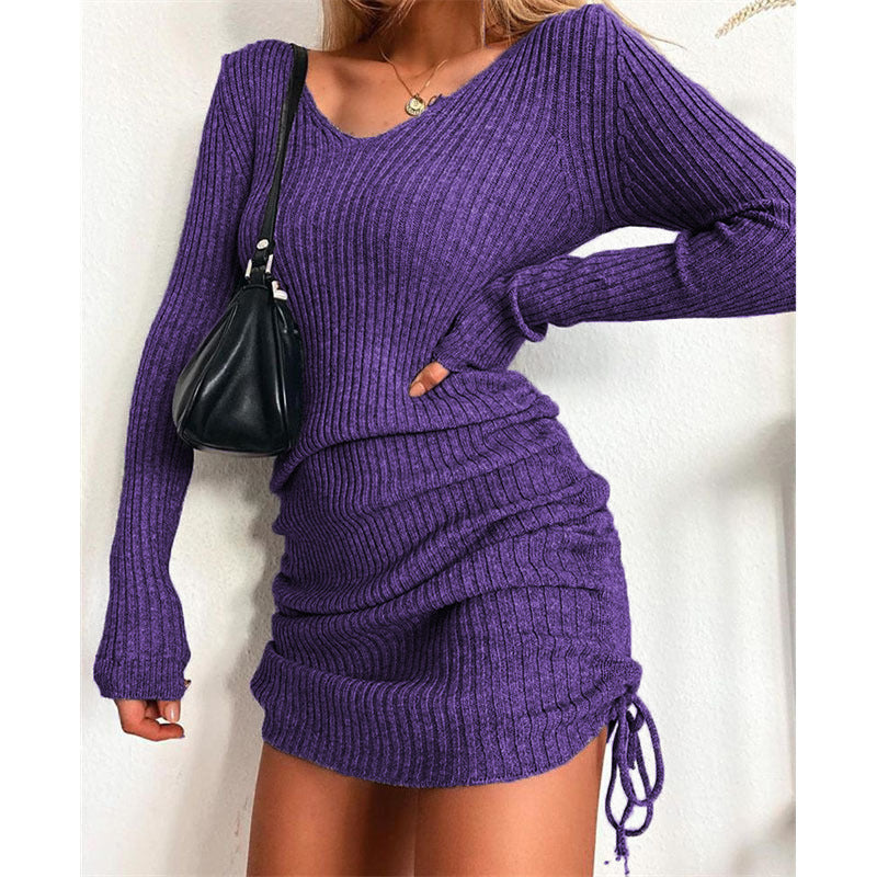 Damen Strick Mini-Kleid mit Raffung und V-Ausschnitt Drune