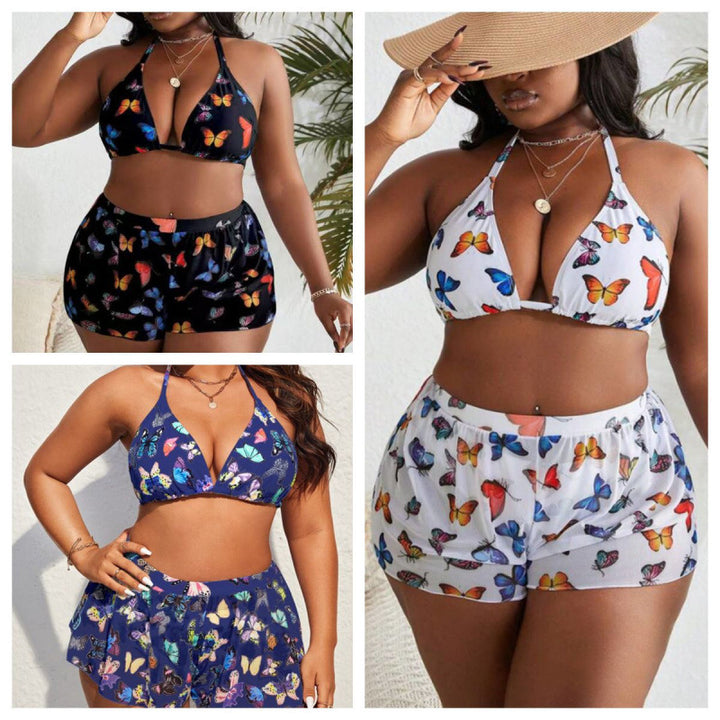 Damen Bikiniset mit modischen Shorts und buntem Schmetterlingsdesign Drune