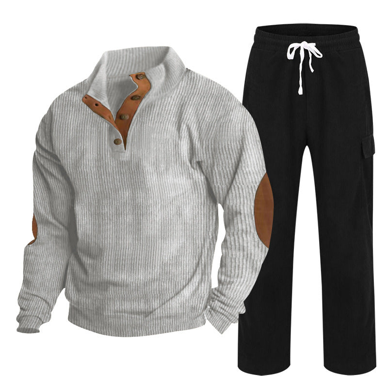Herren nan Strick-Freizeitset mit Knopfleiste und Ellenbogenaufnähern sowie Cord-Cargohose Drune
