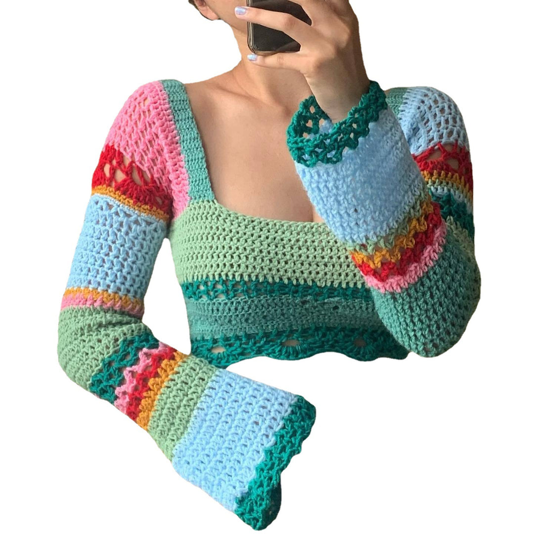 Damen gehäkeltes Crop-Top mit langen Ärmeln und ausgefallenem Saum Drune