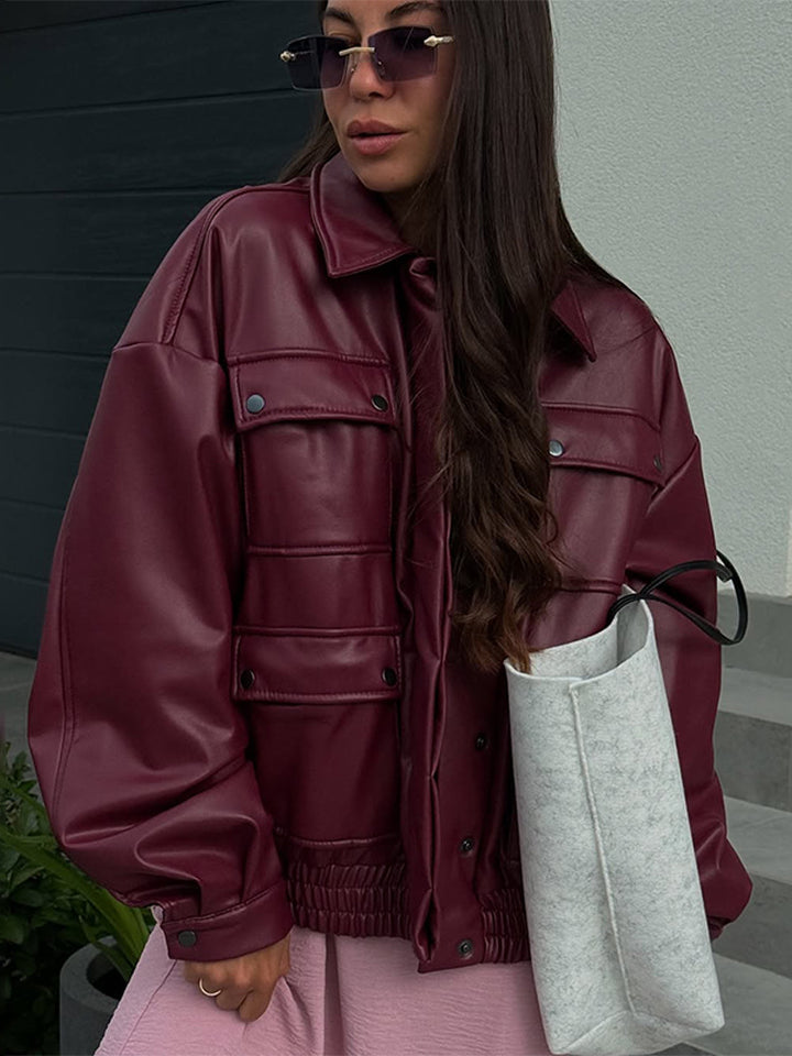 Damen oversized Kunstlederjacke mit funktionalen Taschen und elastischem Bund Drune