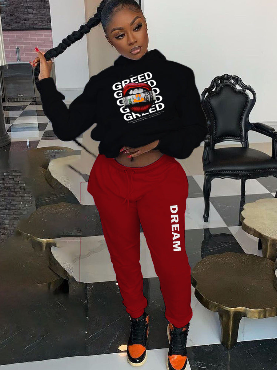 Damen Hoodie und Jogginghose Set mit kreativem Print Drune