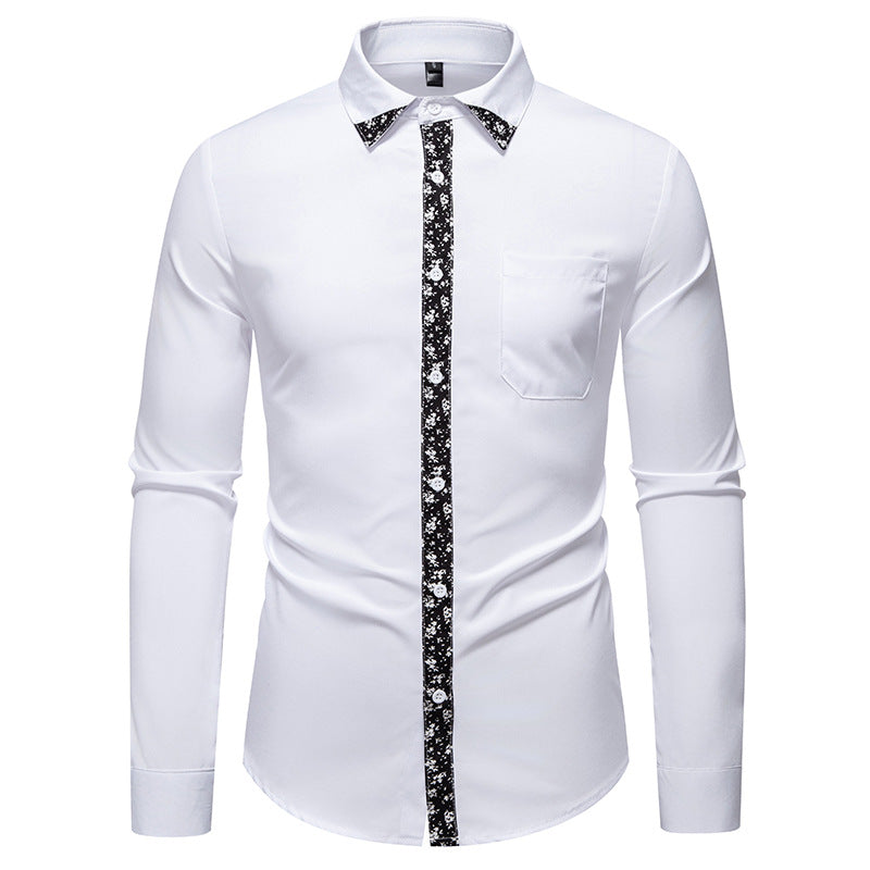 Herren elegantes Langarmhemd mit floralem Kragen und Brusttasche Drune