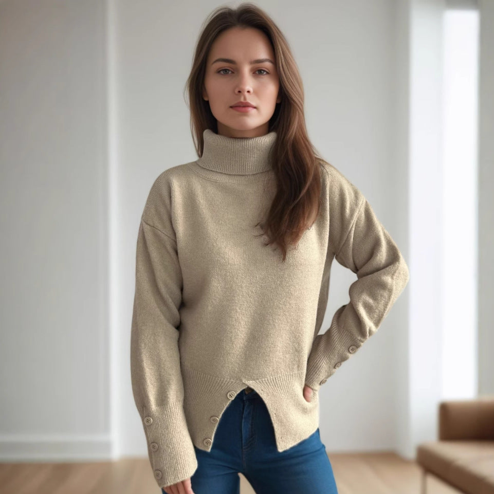 Damen modischer Rollkragenpullover mit Knopfdetails und asymmetrischem Saum Drune