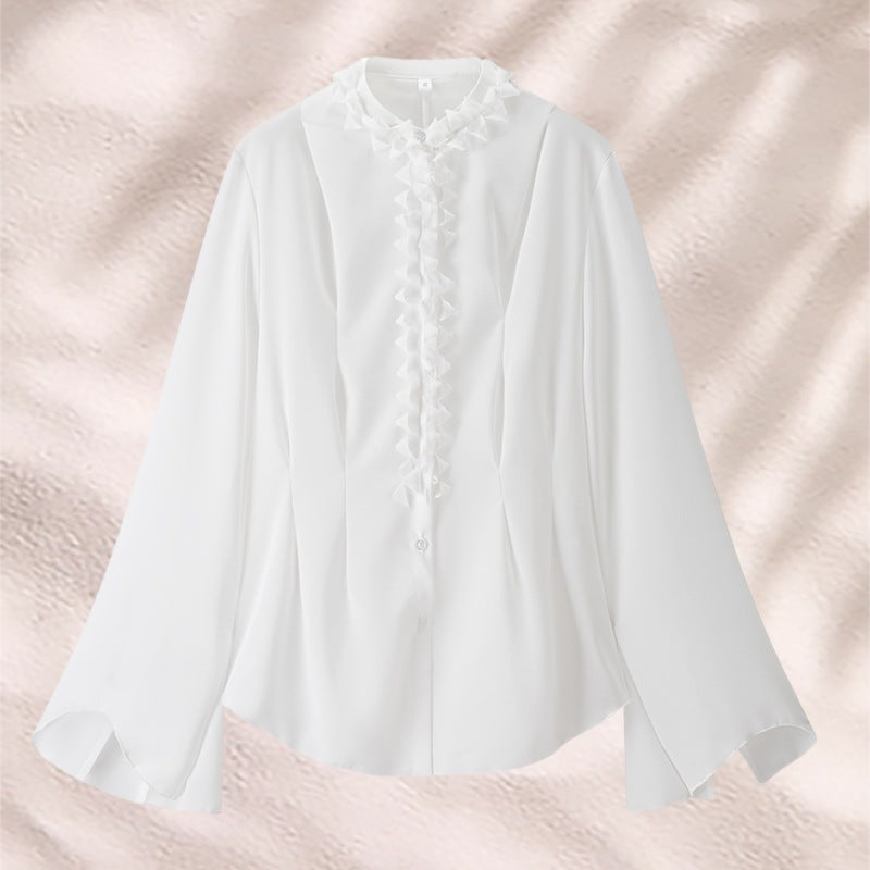 Damen elegante Bluse mit Rüschenkragen und weiten Ärmeln Drune